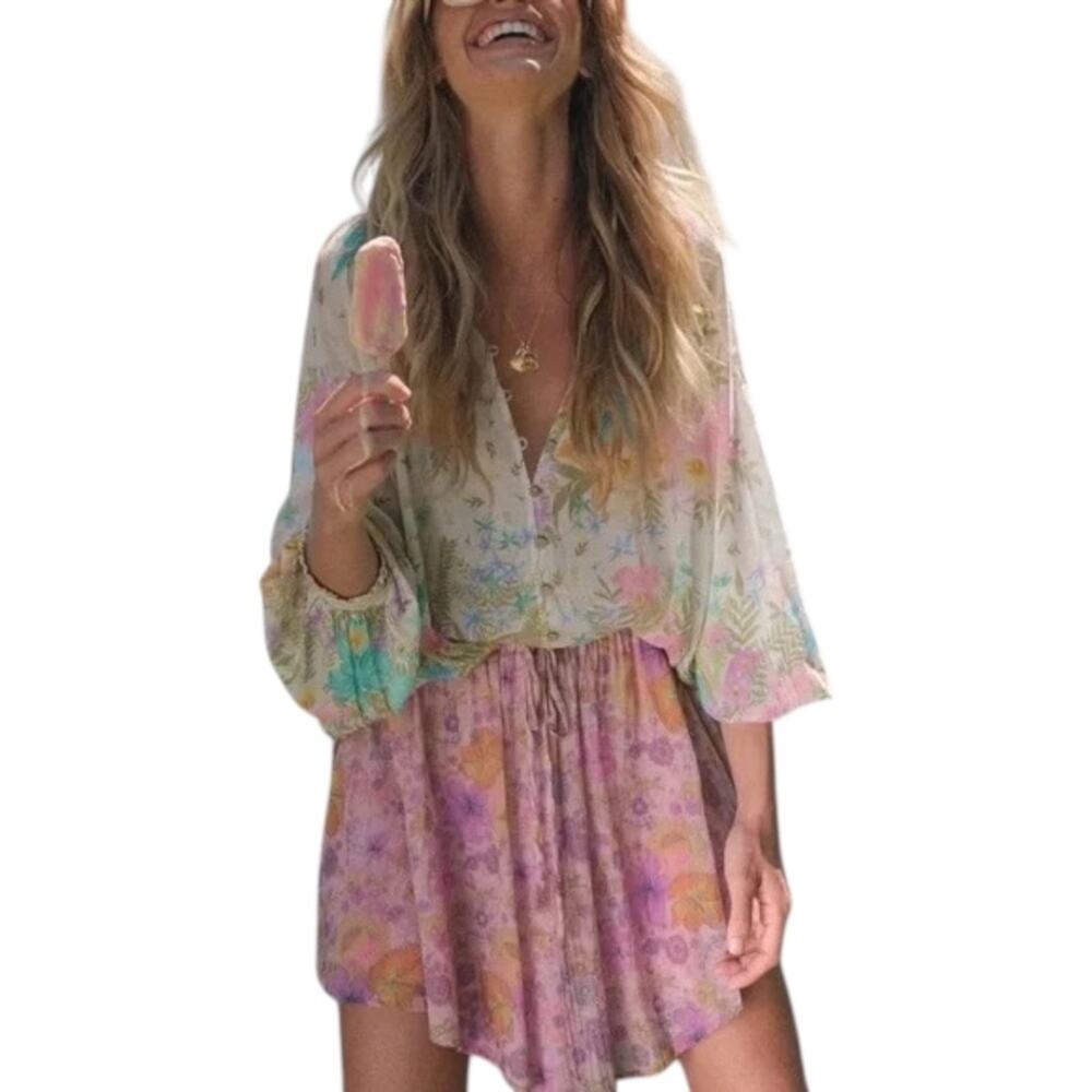 Spell Hibiscus Lane Mini Skirt Pink Purple Orange Floral Small